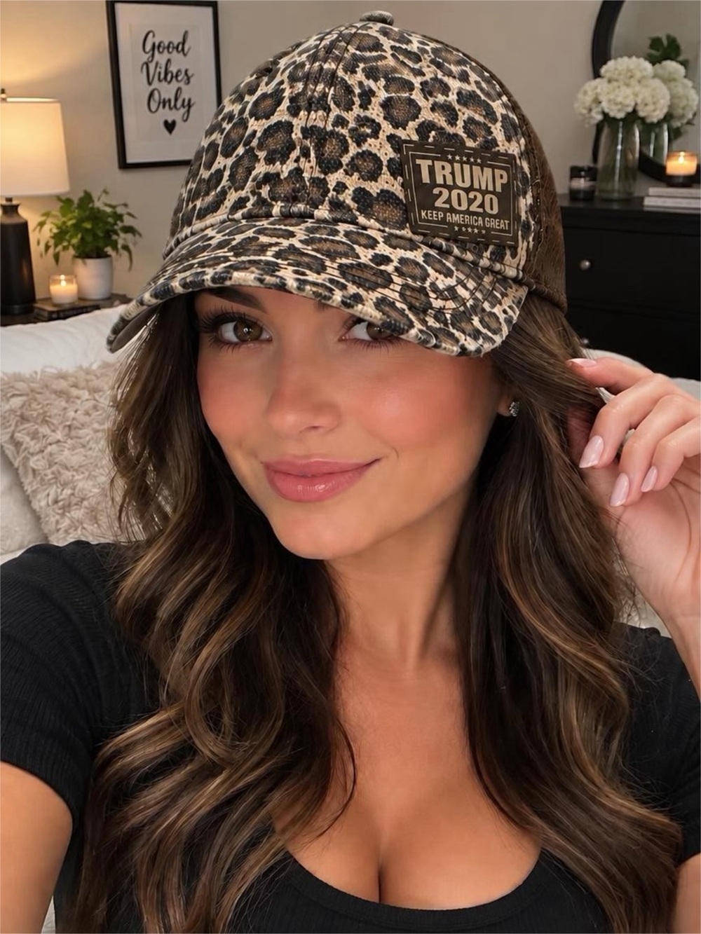 Leopard Print Baseball Cap hat with Trump 2020 Patch - Brown